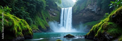 Misty veil of Sahalie Falls cascading down moss-covered rocks, foliage, waterfall