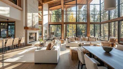 Luxury Mountain Home Interior Design: Modern Cabin Living Room with Forest Views