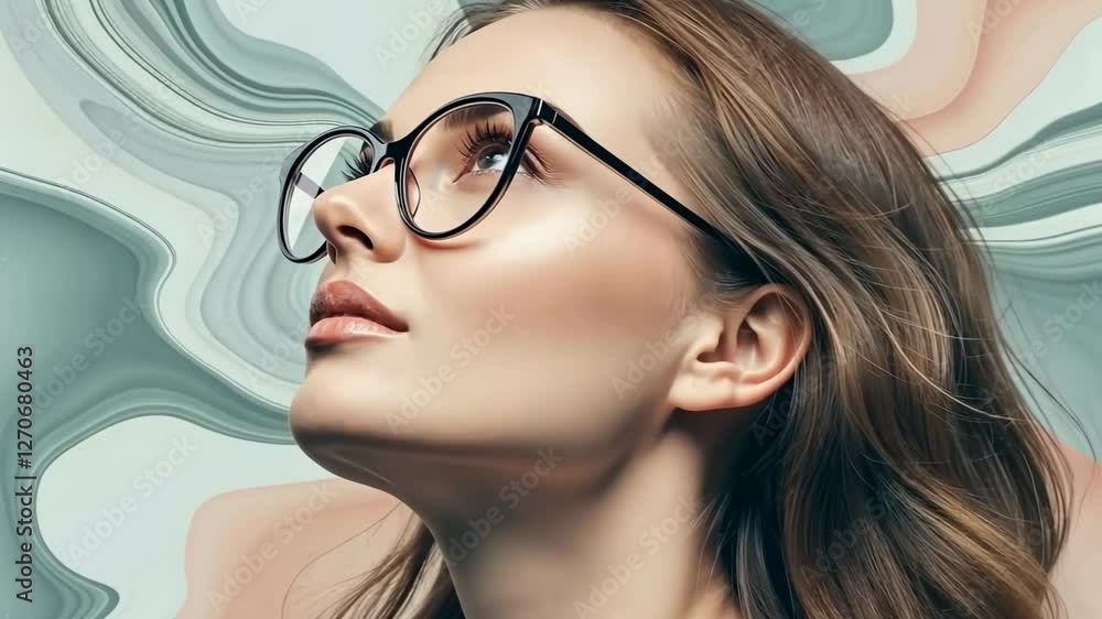 Reflective woman gazing upward against abstract background with windswept hair movement Reflective woman gazing upward against abstract background with windswept hair movement