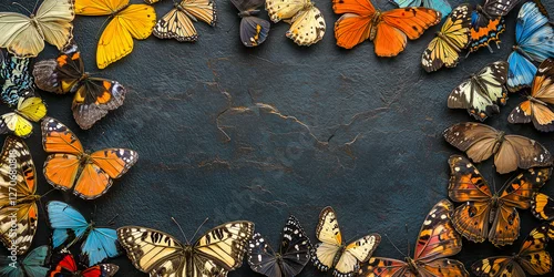 Fototapeta Draufsicht auf einen Rahmen mit Schmetterlinge und mit Platz für Text in der Mitte - Werbeschild  Fllyer