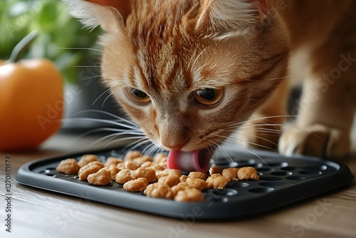 A ginger cat licking wet food from a textured feeding mat on a wooden floor

