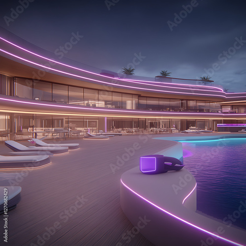 Futuristic Resort Poolside Evening Retreat Under Dim Sky with Striking Neon Accents and Modern Design photo