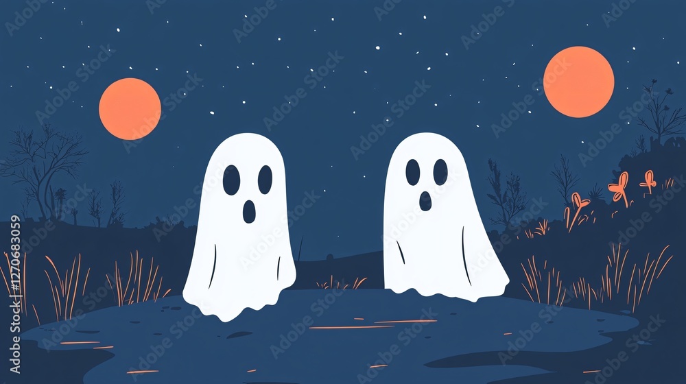 Group of spooky ghost people having fun and celebrating Halloween all year round