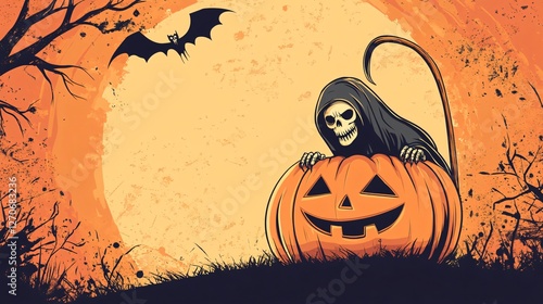 Obraz na płótnie Halloween Illustration of a Pumpkin with Grim Reaper w salonie