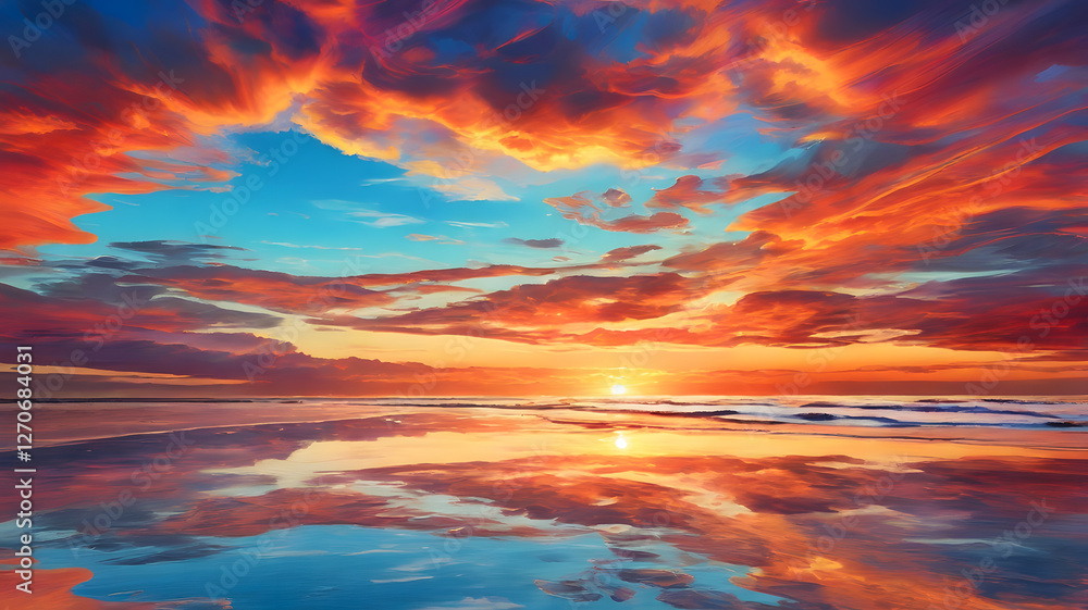Fototapeta premium A breathtaking sunset over a calm ocean, with vibrant pink and orange hues painting the sky and reflecting on the water.