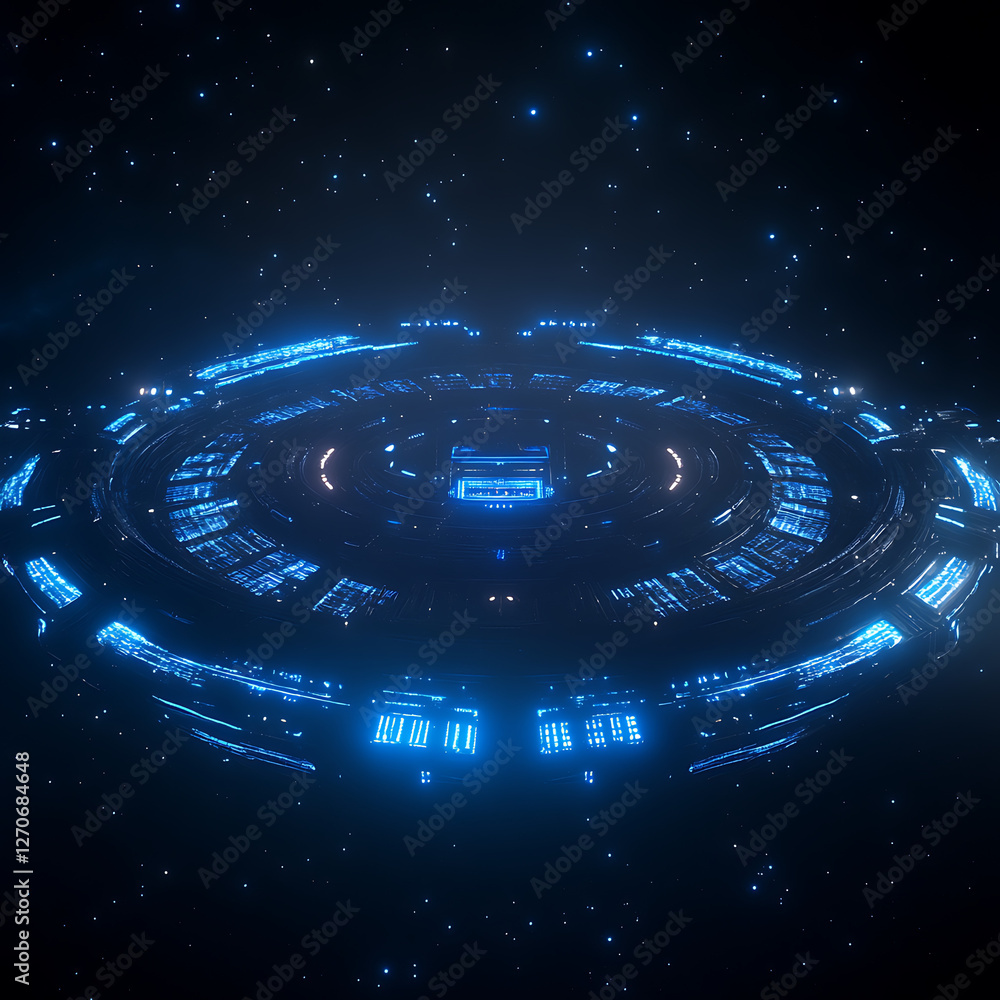 Obraz premium Futuristic Space Station Overview with Glowing Blue Accents Against the Dark Starry Galaxy