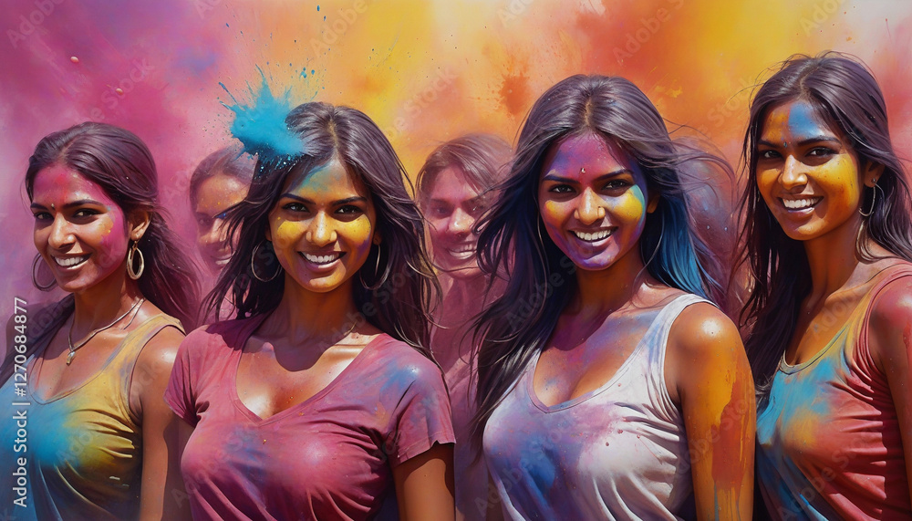 Fototapeta premium Celebration of Holi festival day colorful illustration of girls covered in paint illustration generative ai 