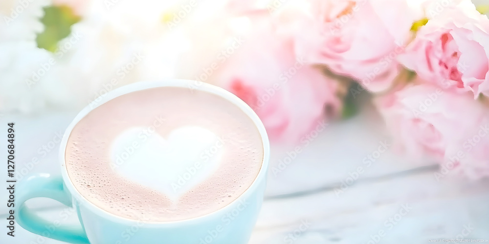 Cup of hot coffee with heart-shaped latte art, placed on a white wooden table with soft pink roses in the background, creating a romantic and cozy atmosphere Cup of hot coffee with heart-shaped latte art, placed on a white wooden table with soft pink roses in the background, creating a romantic and cozy atmosphere