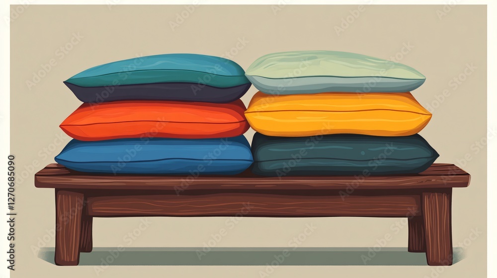 Vibrant and Comfy: Stacked Cushions on Rustic Wood