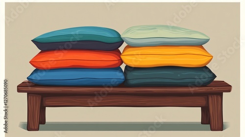 Obraz na płótnie Vibrant and Comfy: Stacked Cushions on Rustic Wood w salonie