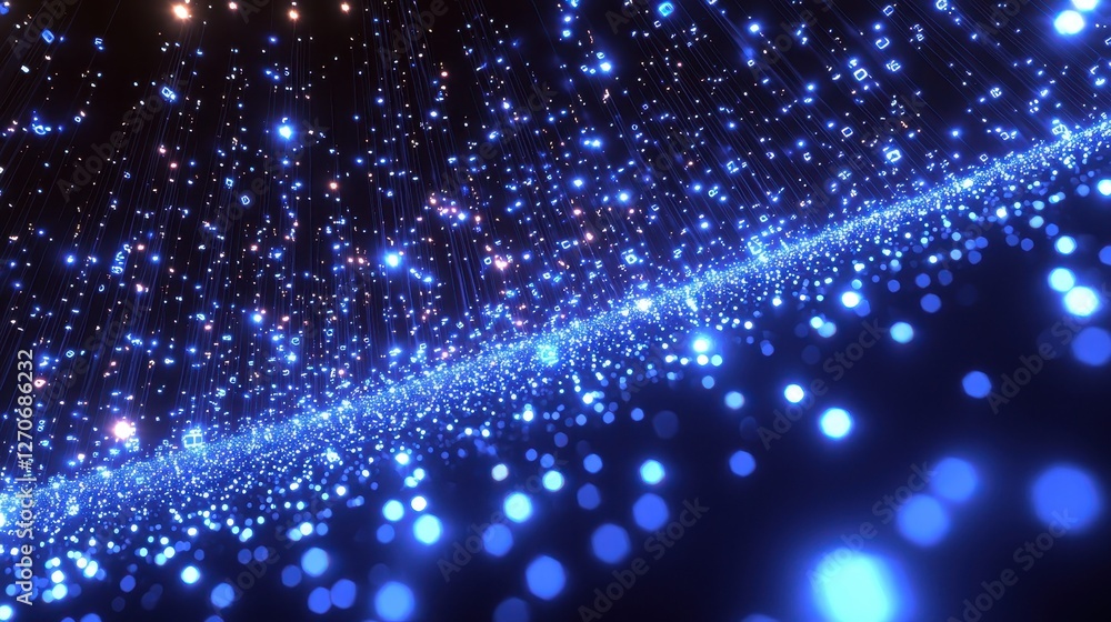 Fototapeta premium Exploring energy dynamic blue particles in motion within a digital space environment