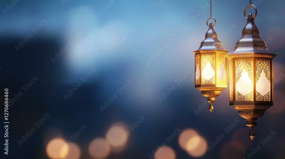 Elegant lanterns glowing softly against a blurred evening backdrop Elegant lanterns glowing softly against a blurred evening backdrop