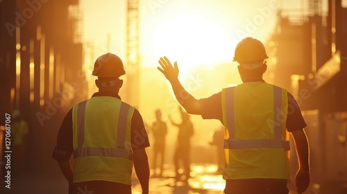 Construction workers bid farewell at sunset evening team spirit at industrial site