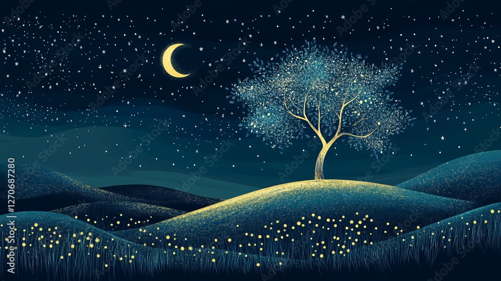 Vector Illustration of Starry Night and Tree