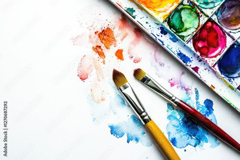 Fototapeta premium Paint brushes and colorful watercolor paint splashes on white background