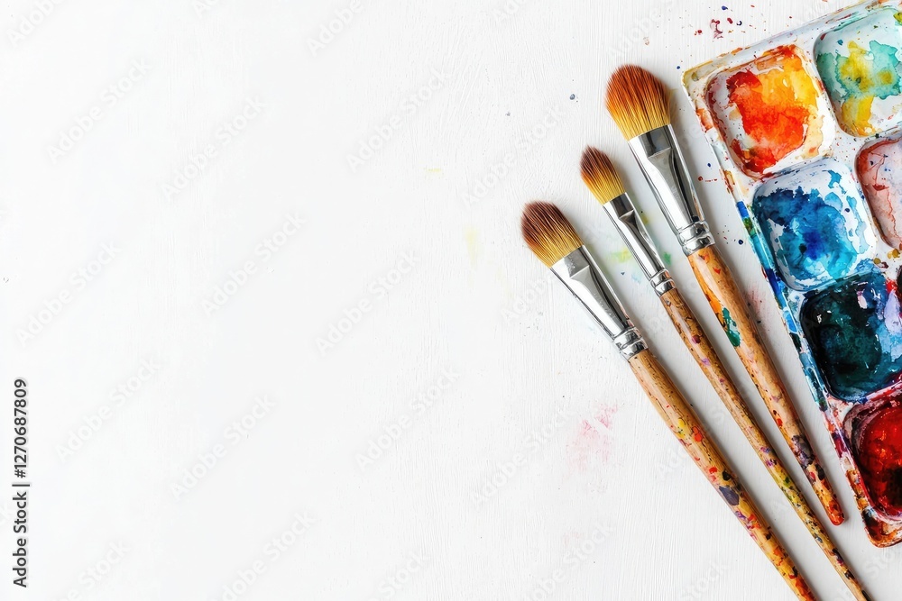 Obraz premium Paint brushes and colorful watercolor paint splashes on white background