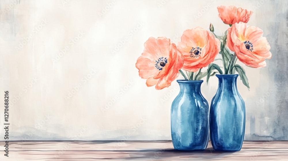 Peach Colored Watercolor Painting Still Life Flowers