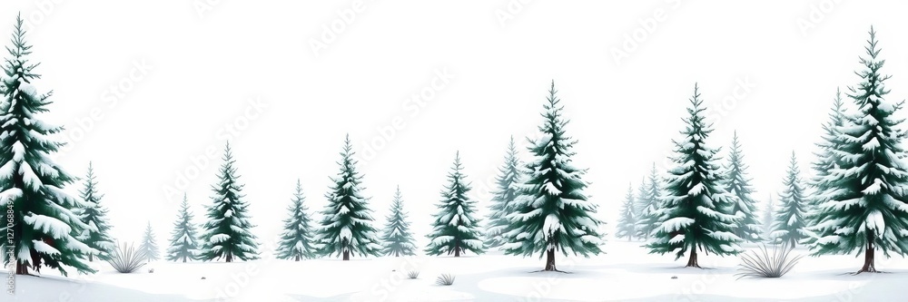 Fototapeta premium Snowy forest illustration with Christmas fir trees, winter nature, conifer, holiday background, rural landscape, outdoor scene, isolated on white background, snowy, white background, nature