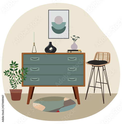 Wooden teal chest of drawers for living room or bedroom with home decor. Cozy room interior design elements, wall picture, candle, vase, books. Flat vector illustration isolated