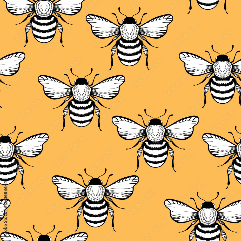 Obraz premium Seamless pattern with bees on color background. Small wasp. Vector illustration. Adorable cartoon character. Template design for invitation, cards, textile, fabric. Doodle style.