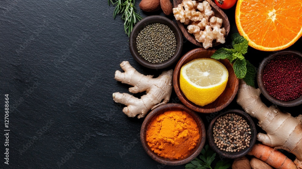 Variety of colorful spices and fruits on a dark background. Healthy foods display Variety of colorful spices and fruits on a dark background. Healthy foods display