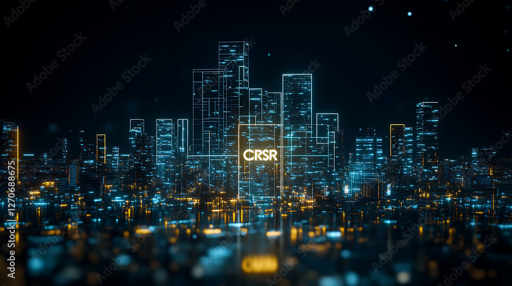 Futuristic Urban Landscape with CRSR Text Overlay Digital Cityscape Technology Concept Futuristic Urban Landscape with CRSR Text Overlay Digital Cityscape Technology Concept