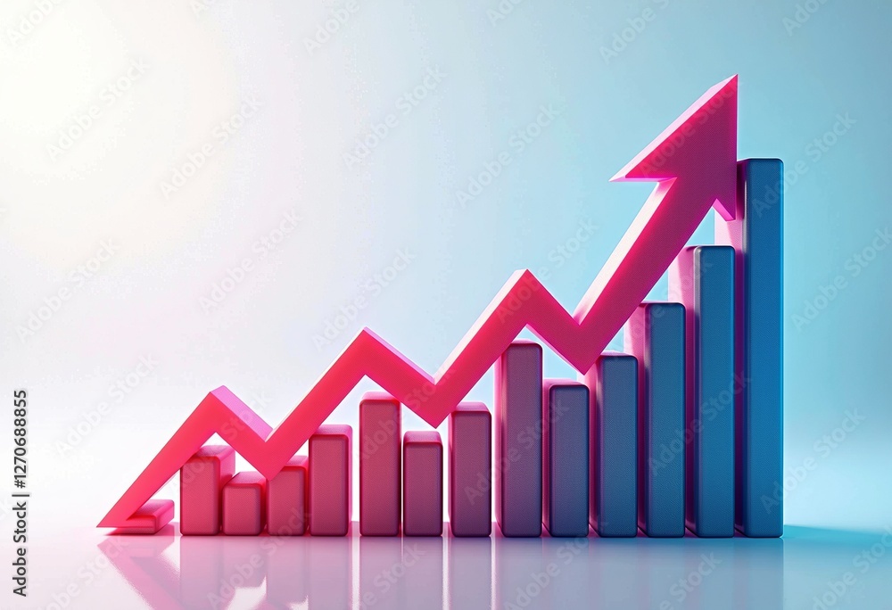 Holographic 3D Chart and Trend Graph Icon: A visually striking 3D icon featuring a chart and trend graph arrow, rendered in holographic blue and pink cyber colors, representing data analysis, financia Holographic 3D Chart and Trend Graph Icon: A visually striking 3D icon featuring a chart and trend graph arrow, rendered in holographic blue and pink cyber colors, representing data analysis, financia
