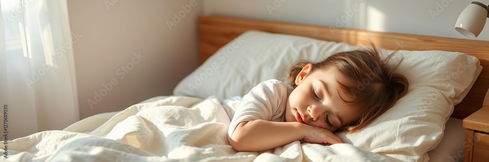 Sweet little kid girl with her eyes closed peacefully napping in a cozy bed, daytime, girl, tranquil Sweet little kid girl with her eyes closed peacefully napping in a cozy bed, daytime, girl, tranquil