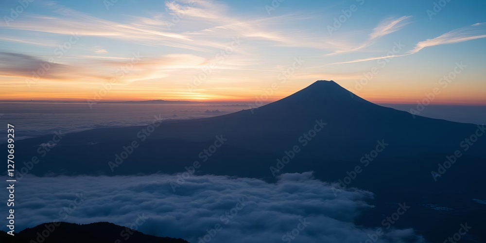 Majestic Mount Fuji at sunrise overlooking a beautiful panorama of Japan, serene, morning, sky Majestic Mount Fuji at sunrise overlooking a beautiful panorama of Japan, serene, morning, sky