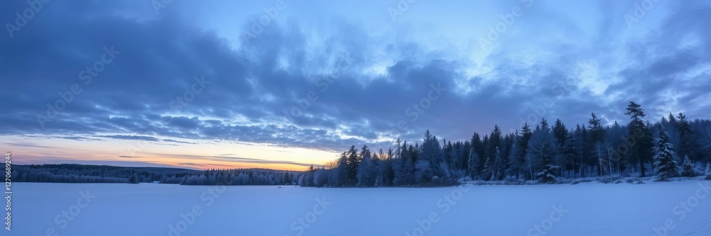 Obraz premium Landscape of a serene winter forest at sunset with snow-covered trees and a colorful sky, landscape, evening, cold