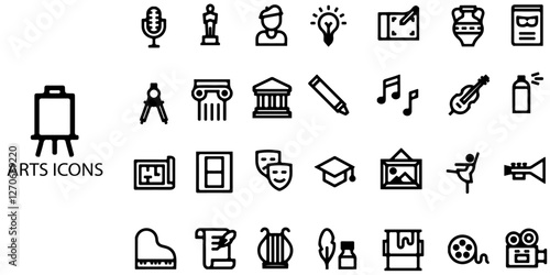 Arts simple concept 28 icons set. Contain such paint, artwork, paintbrush, artist, museum, painter, art gallery, paint stroke and more .Vector illustration.