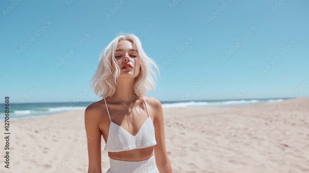 Blonde Frau im weißen Bikini am sonnigen Strand. Lifestyle-Aufnahme mit natürlicher Ausstrahlung und Meeresstimmung Blonde Frau im weißen Bikini am sonnigen Strand. Lifestyle-Aufnahme mit natürlicher Ausstrahlung und Meeresstimmung