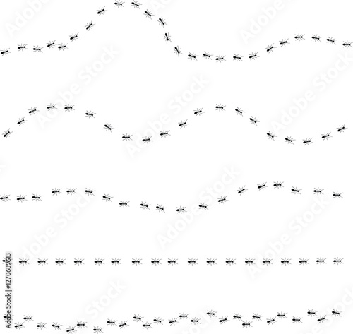 Ants trail line of working ants on white background vector illustration. A line of worker ants marching in search of food. Worker incects marching in a line. Ants road vector illustration