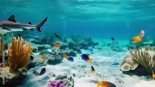 A serene underwater vista with a gentle lemon shark swimming alongside colorful parrotfish
