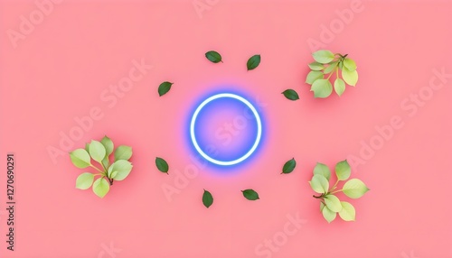 Un círculo de neón azul rodeado de hojas verdes