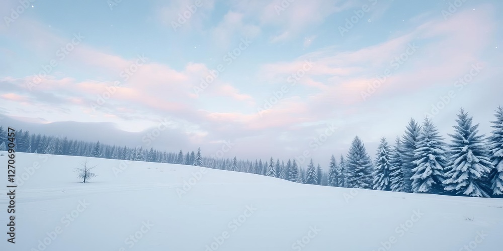 Obraz premium Winter wonderland with snow covered trees, pastel skies, white background, photostock, holiday, magical