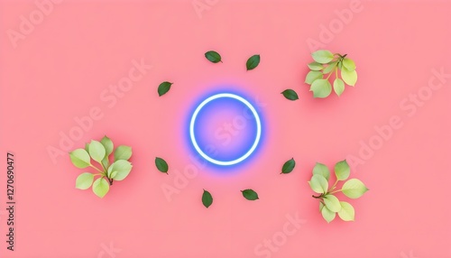 Un círculo de neón azul rodeado de hojas verdes