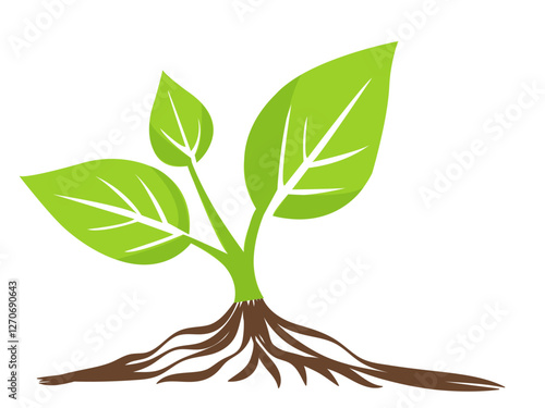 Leafy plant sprouting from soil with vibrant green leaves and roots in a minimalist style