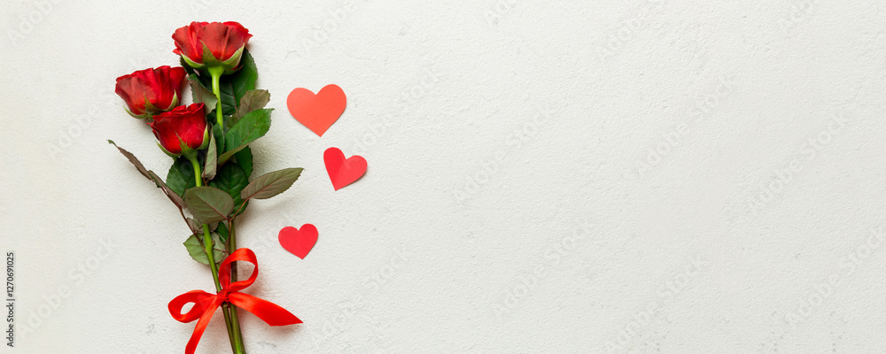 Valentine day composition with rose flower and red heart on table. Top view, flat lay, copy space Holiday concept Valentine day composition with rose flower and red heart on table. Top view, flat lay, copy space Holiday concept