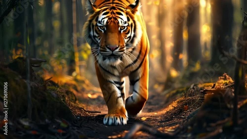 A serene image of a Bengal tiger prowling through the dense, misty jungle at dawn