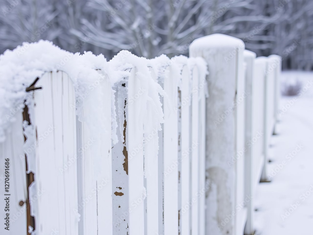 White wooden fence covered in a layer of icy frost with a backdrop of a frozen winter landscape, wintertime, snowy, chill White wooden fence covered in a layer of icy frost with a backdrop of a frozen winter landscape, wintertime, snowy, chill