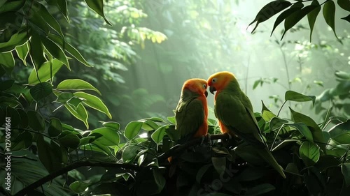 The essence of a tropical rainforest, filled with vibrant parrots and lush greenery