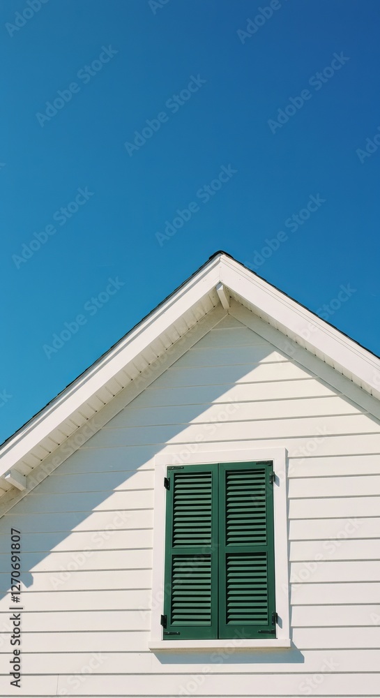 Minimalist white house facade with green shutter against clear blue sky Minimalist white house facade with green shutter against clear blue sky