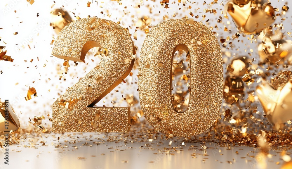 Glimmering Golden Number Twenty with Sparks and Confetti for Celebratory Moments and Milestones in Festive Celebrations and Events Glimmering Golden Number Twenty with Sparks and Confetti for Celebratory Moments and Milestones in Festive Celebrations and Events
