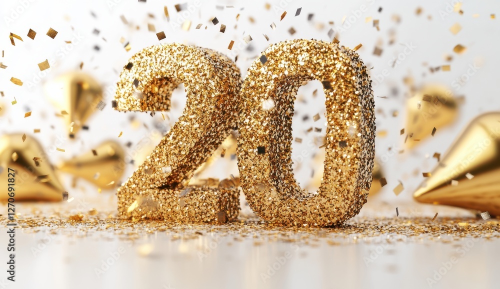 Glittering Gold Number 20 Surrounded by Shiny Confetti and Party Decorations Creating a Festive Atmosphere for Celebrations Glittering Gold Number 20 Surrounded by Shiny Confetti and Party Decorations Creating a Festive Atmosphere for Celebrations