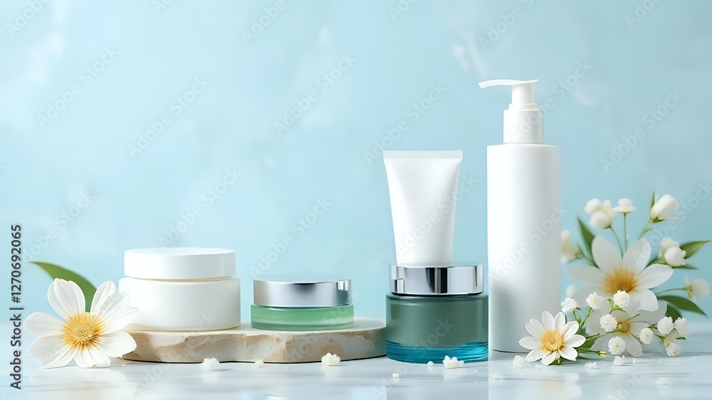 Elegant Skincare Products Displayed on a Light Blue Background Elegant Skincare Products Displayed on a Light Blue Background