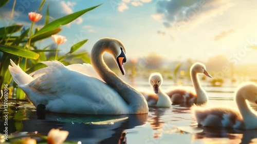 A tranquil lake scene with a family of swans gliding gracefully on the water at dawn