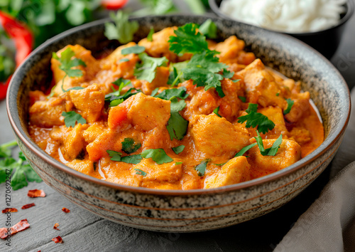chicken curry bowl with rice and  vegetables, indian, thai