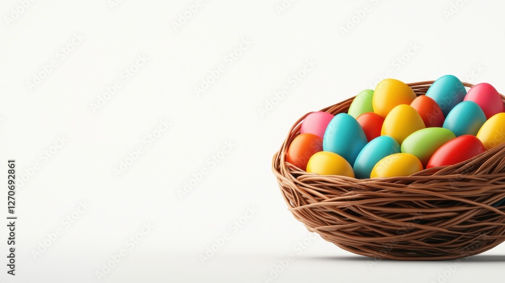 A vibrant basket filled with colorful Easter eggs, perfect for holiday celebrations and seasonal decorations. A vibrant basket filled with colorful Easter eggs, perfect for holiday celebrations and seasonal decorations.