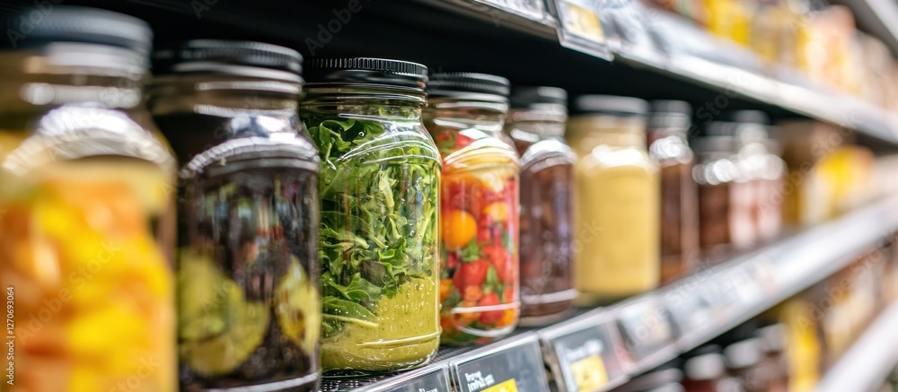 A close-up of a grocery store shelf with jars of gourmet salad dressings and vinaigrettes. A close-up of a grocery store shelf with jars of gourmet salad dressings and vinaigrettes.